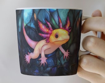 Taza de café estilo vitral de axolotl, regalo para amantes del océano, taza de té con anfibios salamandra, decoración de cocina con animales acuáticos, regalo para ella