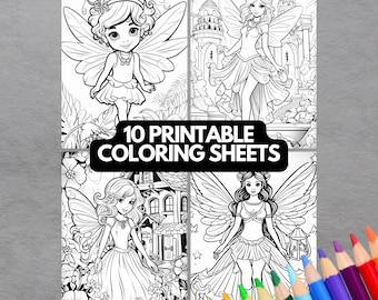 10 páginas para colorear digitales en escala de grises de hadas del bosque. Libro de colorear para adultos en escala de grises de fantasía. Descarga digital con archivos de color incluidos