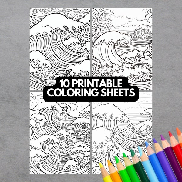 10 Coloring Pages, Sea Waves Grayscale Adult Coloring Book, Advanced Coloring, Seaside Coloring Pages for Pigment, Printable PDF Relaxing