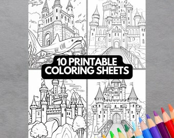 Livre de coloriage château fantastique, PDF imprimable, pages à colorier de paysages de conte de fées, châteaux médiévaux, livre de coloriage en niveaux de gris pour adultes et enfants