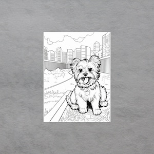 Puede incluir: Un dibujo en blanco y negro de un perro peque&ntilde;o sentado en un banco frente a un horizonte urbano. El perro sonr&iacute;e y lleva un collar.