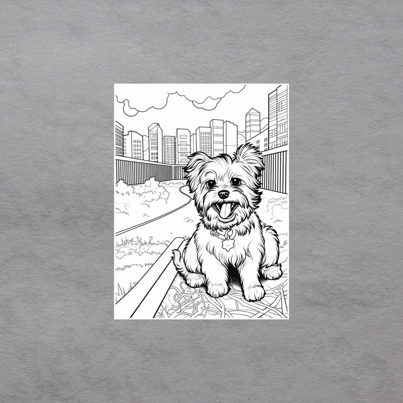 Puede incluir: Un dibujo en blanco y negro de un perro peque&ntilde;o sentado en un banco frente a un horizonte urbano. El perro sonr&iacute;e y lleva un collar.