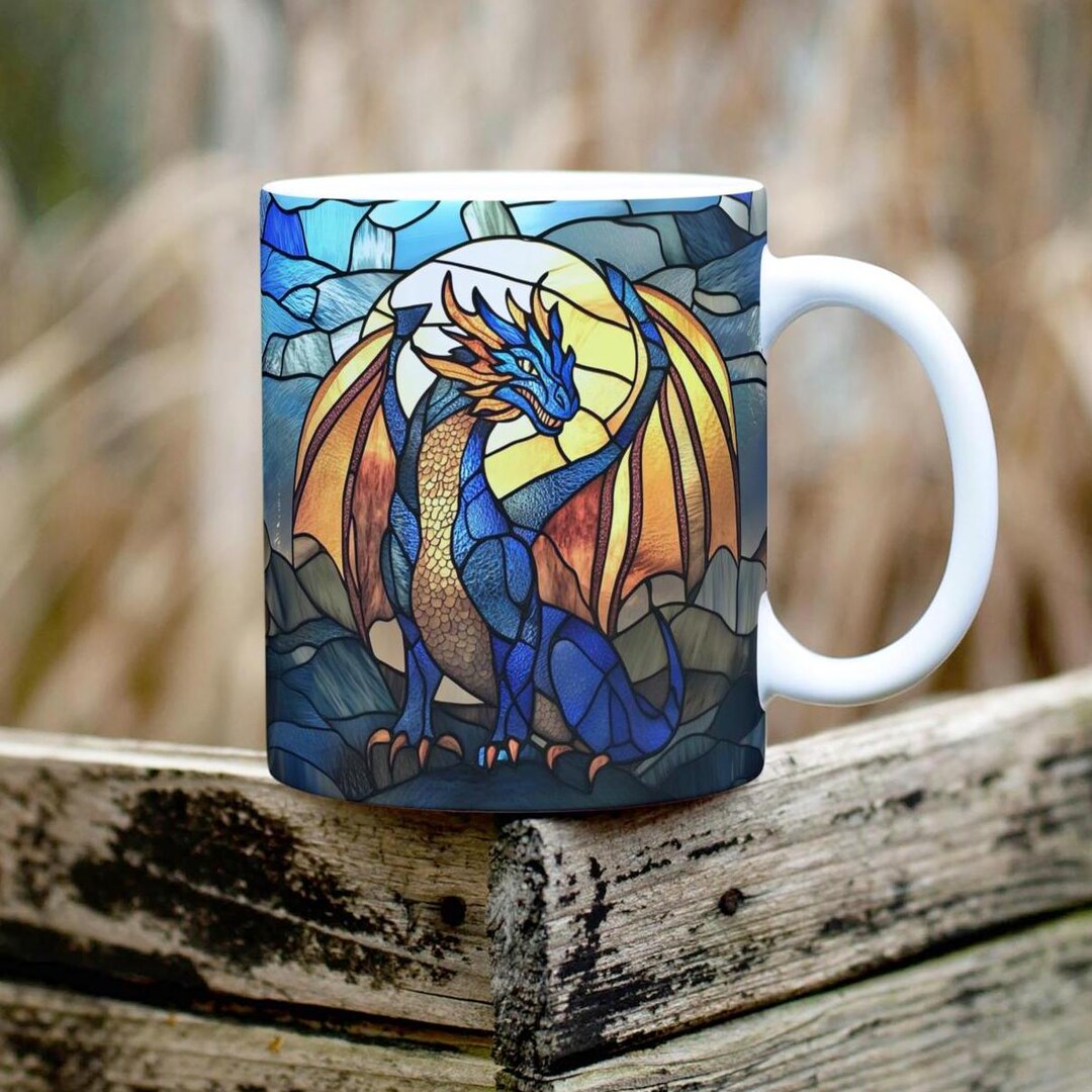 Blue Dragon Mug, Ceramic Dragon Coffee Cup 11oz, Stained Glass Style ...