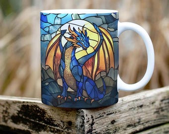 Blue Dragon-mok, keramische drakenkoffiekop 11oz, glas-in-loodstijl drakenkop, theekop middeleeuws thema, mok fantasie, drakencadeau, fantasie