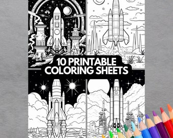 Rocket Ships Coloring Book, 10 Coloring Pages, For Adults and Kids, Grayscale Coloring Book, Printable PDF