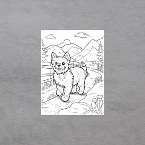 Puede incluir: Un dibujo en blanco y negro de un perro peque&ntilde;o caminando por un sendero en un paisaje monta&ntilde;oso. El perro mira al espectador con una expresi&oacute;n feliz. El sendero est&aacute; rodeado de hierba y flores.