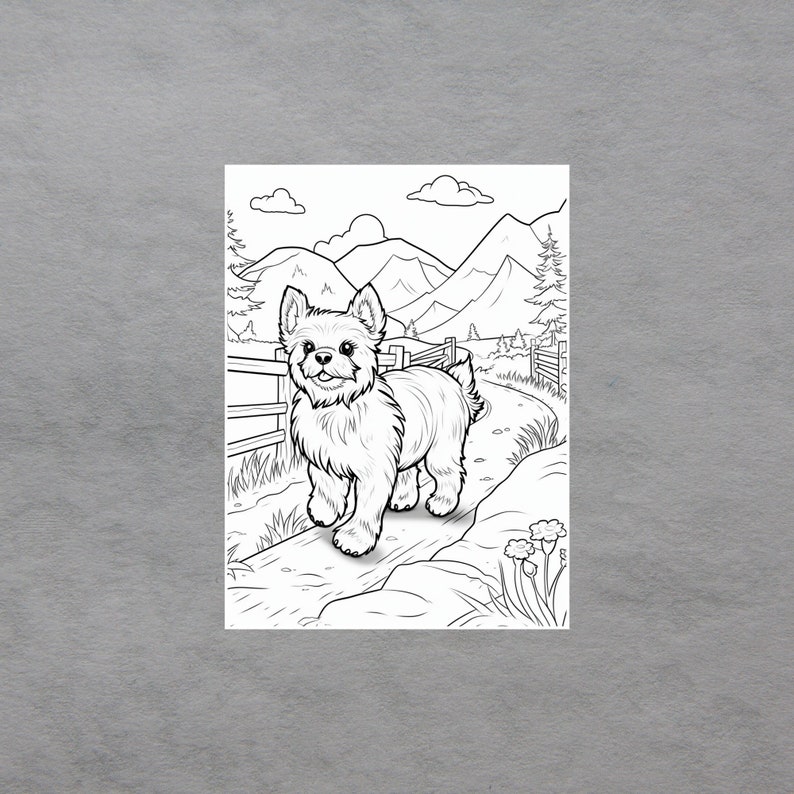Puede incluir: Un dibujo en blanco y negro de un perro peque&ntilde;o caminando por un sendero en un paisaje monta&ntilde;oso. El perro mira al espectador con una expresi&oacute;n feliz. El sendero est&aacute; rodeado de hierba y flores.