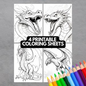 Beautiful Dragons Coloring Book, 4 Page Fantasy Adult Dragon Coloring Book for Kids and Adults, Instant Download, Printable PNG, Dragons