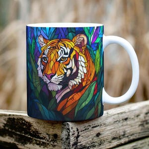 Stained Glass Style Tiger Mug, 11oz Ceramic Animal Mug for Tiger Lovers, Animal-Themed Coffee Cup, Unique Wildlife Gift, Safari Tiger Gift