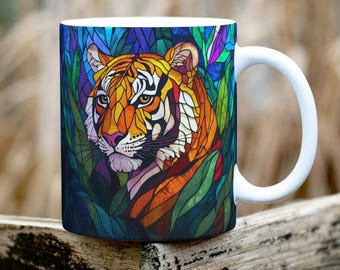Taza de tigre estilo vitral, taza de cerámica de 11 oz con forma de animal para amantes de los tigres, taza de café con temática animal, regalo único de vida silvestre, regalo de tigre de safari