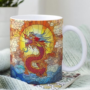 Chinese New Year Ceramic Coffee Mug Lunar Year 2025 Mug Red Dragon Tee Cup Gift Chinese Zodiac Coffee Mug Year of the Dragon Stained Glass