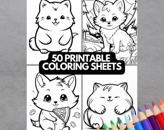 Kawaii vossen kleurboekpagina's: 50 schattige vossenkunstbladen Natuur voor dierenliefhebbers alle leeftijden Afdrukbare PDF Digitale download Directe toegang
