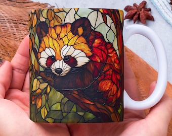 Taza de panda rojo estilo vitral, taza de cerámica con la vida silvestre Ailuridae, regalo único para amantes de los animales, tazas de té y café coloridas, decoración del hogar y la cocina