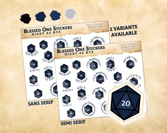 Blessed One Dice Pegatinas - Noche como Nyx / Fantasy TTRPG Nat 20 Planner Pegatinas / Para notas de sesión, escritores, regalos RPG GMs & Players
