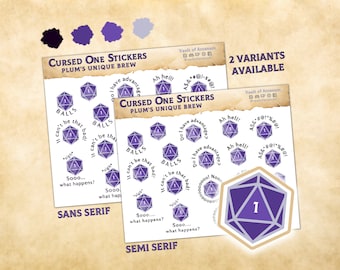 Calcomanías de dados malditos - Cerveza única de ciruela / Fantasía TTRPG Nat 1 Pegatinas de planificador / Para notas de sesión, escritores, regalos RPG GMs & Players