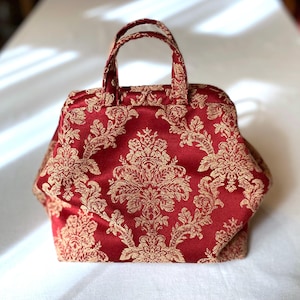 Gold Damask Seamless Pattern Red Handbag | Jacquard Cosmetic Bag With Floral Print | Upholstery Fabric Makeup Bag | Dark Academia Decor