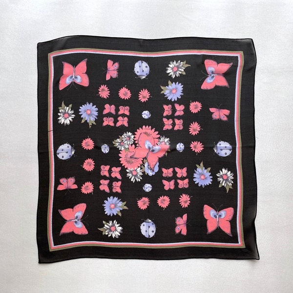 Vintage Italian silk floral handkerchief | pocket scarf with pink butterflies and flowers