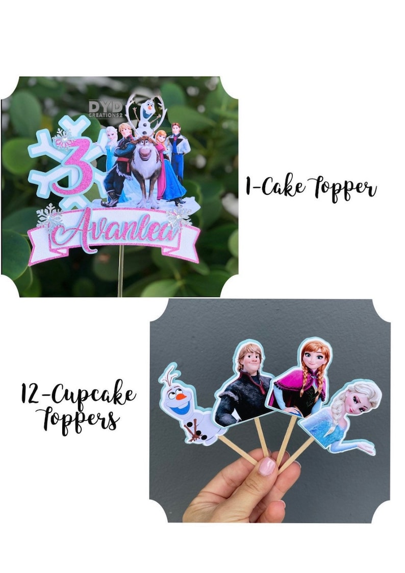 May include: Frozen themed cake topper set with a large cake topper featuring Olaf, Kristoff, Anna, Elsa, and Sven. The cake topper also includes a snowflake and the number 3. The set also includes 12 cupcake toppers featuring Olaf, Kristoff, Anna, and Elsa.