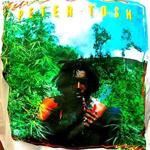 May include: A white t-shirt featuring a colourful image of Peter Tosh, a reggae musician, printed on the front. The image depicts Tosh with dreadlocks, wearing a green shirt, and holding a microphone. The background is a green and blue landscape.