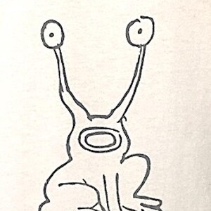 K&ouml;nnte beinhalten: Eine Schwarzwei&szlig;zeichnung eines Frosches mit gro&szlig;en Augen und einem einfachen Mund. Die Zeichnung befindet sich auf wei&szlig;em Hintergrund mit dem Text "HI, HOW ARE YOU THE UNFINISHED ALBUM SEPT 83 DANIEL JOHNSTON" unterhalb des Frosches.