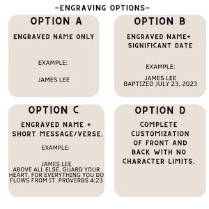 K&ouml;nnte beinhalten: Eine Grafik mit vier Optionen f&uuml;r die Gravur eines personalisierten Geschenks. Option A: Nur gravierter Name. Option B: Gravierter Name und wichtiges Datum. Option C: Gravierter Name und kurze Nachricht oder Vers. Option D: Vollst&auml;ndige Anpassung von Vorder- und R&uuml;ckseite ohne Zeichenbegrenzung.