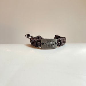Leather Jesus fish bracelet, christian jewelry, religious jewelry, Faith jewelry, bible bracelet