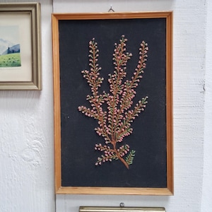 Original picture embroidered heather, Erika, vintage autumn decoration, narrow picture 50s, mid-century art, wall picture, flower picture, framed, old