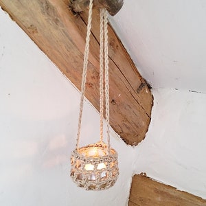 Hanging tealight - Autumn decoration lantern - Crocheted tealight holder - String, parcel tape, hanging light