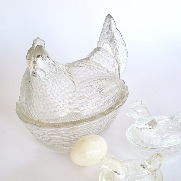 Riesiges Glashuhn 21 cm, Henne auf Nest Pressglas, Vintage Deckeldose, Butterhuhn,  Glas Huhn, 70er Jahre, Glasdose, Osterdeko, Glashenne