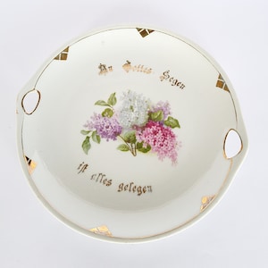Vintage cake plate, 23 cm, &#39;An Gottes Segen ...&#39;, large plate, 2 handles, 30s, cake plate, tableware, lilac + gold rim, cake plate