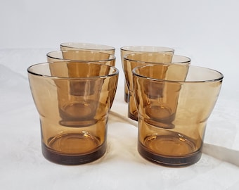 6 Duralex France juice or water glasses, like new, made of brown glass, vintage glass from the 1970s