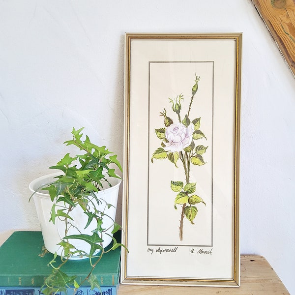 Original Aquarell Rosen, handsigniertes Bild, schmales Bild 50er Jahre, Mid Century Kunst, Wandbild, Blumenbild, Vintage, gerahmt, alt