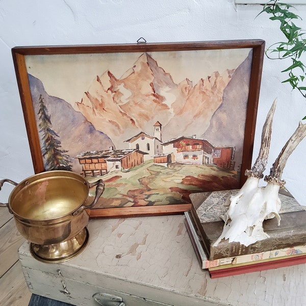 Original Aquarell 35,5x29 cm, Berghof und Berge, Herbstdekoration, Alpine Deko, Country Stil, Chalet Chic, Cabin Deko, Vintage Holzrahmen