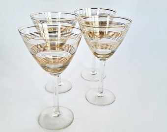 4 copas de vino antiguas con decoración dorada, cristal vintage con borde dorado, cristal delicado, romántico y divertido, copas con tallo, copas de vino blanco decoradas en oro