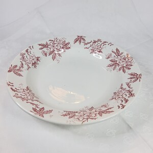 May include: A white ceramic soup bowl featuring a wide rim decorated with a repeating maroon floral and leaf pattern. The center of the bowl is plain white, while the border displays detailed botanical illustrations in a deep reddish-brown hue.