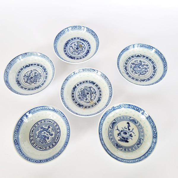 6 aperitif plates, 10 cm, bowls, blue and white, rice grain porcelain, soy sauce, wasabi, dip, sushi, vintage chinoiserie, Asia China, Japan