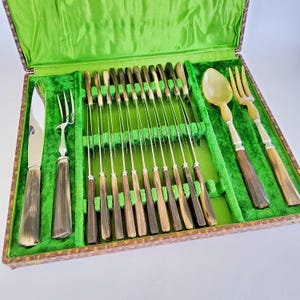 Large box with 23 knives, carving cutlery, salad servers, vintage cutlery box, cutlery with horn handles, vintage knives, table knives