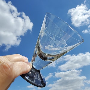 Peut inclure: Un verre clair gravé avec une base noire est tenu contre un ciel bleu vif avec des nuages blancs et duveteux. Le verre a une forme évasée et des motifs floraux gravés délicats. Le verre est partiellement rempli d'un liquide clair.