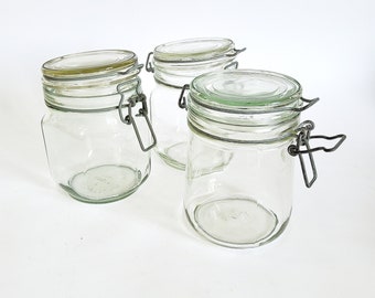 Pack of 3 old mason jars with metal cap, while stocks last, glass container, 1 liter preserving jars, storage jar, kitchen decoration