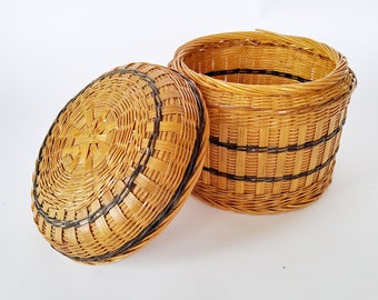 Caja de mimbre con tapa, 14 cm, cesta china, cesta redonda con tapa, cesta vintage para objetos diversos, joyero, cofre del tesoro