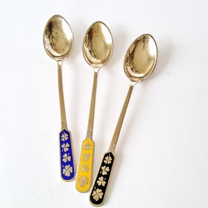 Set of 3 sterling silver mocha spoons, Danish 925 silver, Egon Lauridsen Denmark Sterling, cloverleaf enamel, mid-century, demi-cup