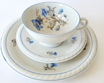 Sammelgedeck 40er Jahre, Vintage Kaffeegedeck, Sammeltasse, 3 teilig, Teetasse, blaue Rosen, Relief, grauer Rand, VEB Freienorla