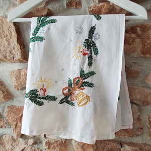 Christmas tablecloth 75 x 74 cm, fir tree; bells & candles, embroidery, tablecloth, hand-embroidered tablecloth, square, Christmas table, Advent