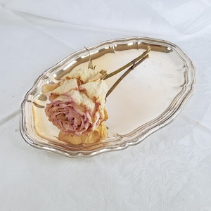 Könnte beinhalten: Ein ovales, silberfarbenes Metalltablett mit gewelltem Rand und reflektierender Oberfläche. Auf dem Tablett liegt eine einzelne getrocknete Rose mit blass cremefarbenen und verblassten rosa Blütenblättern sowie einem langen, dünnen, braunen Stiel.