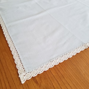 Vintage tablecloth, 111 x 134 cm, light blue with lace trim, vintage tablecloth, simple sky blue tablecloth, rectangular centerpiece