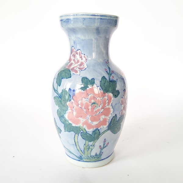 Vase Päonien, Pfingstrosen, blau rosa weiß, Porzellan, 21 cm, alte Blumenvase, 80er Jahre, Chinoiserie, Grand Millennial, Vintage, Solifleur