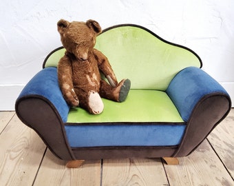 Puppensofa, Katzensofa, 55 cm breit, Mini Couch für große Puppen, Haustiersofa mit Samtbezug, Biedermeier Katzenmöbel, Vintage Katzencouch