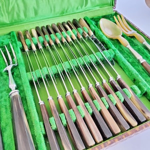 以下が含まれることがあります： 緑色のベルベットの裏地が付いたケースに収められた、ナイフ、フォーク、スプーンを含むアンティークの銀食器セット。 銀食器は、茶色とタン色のハンドルと、銀色の金属製の刃と歯が特徴です。 ケースは開いており、食器の配置が明らかになっています。