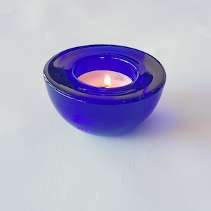 3 in 1 tealight holder, candle holder, candlestick made of blue glass, 80s - 90s, New modern blue candlestick made of glass