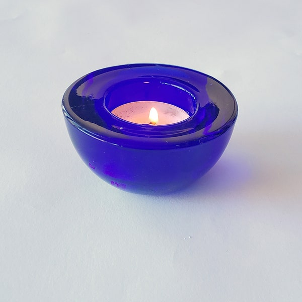 3 in 1 Tea Light Holder Candle Holder Blue Glass Candelabra 80s - 90s New modern blue glass candelabra